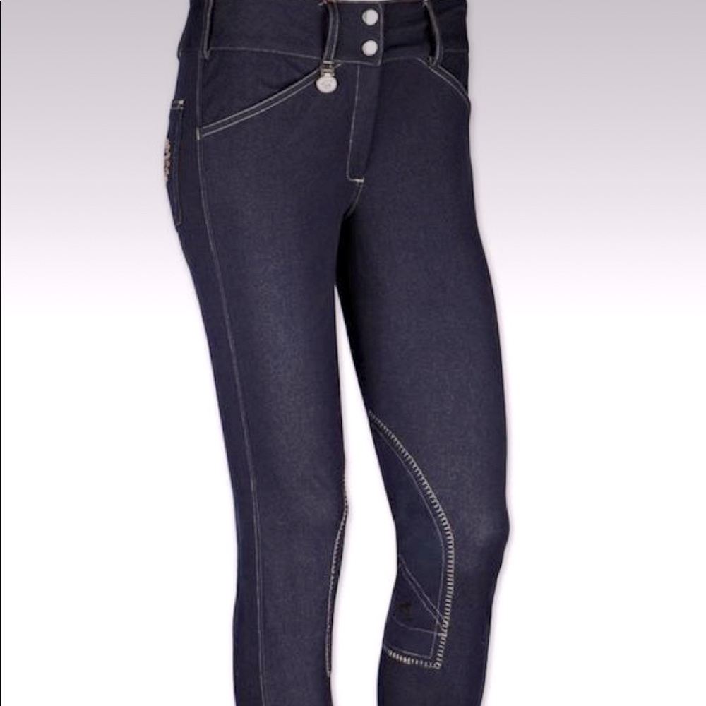 Smartpak Ladies 38 Reg Dark Navy Blue stretchy “Jean” suede knee patch Breeches